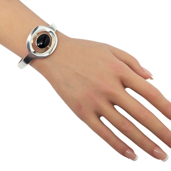 Mexico Sterling Silver Onyx Hinged Bracelet #21170 - Picture 5 of 10